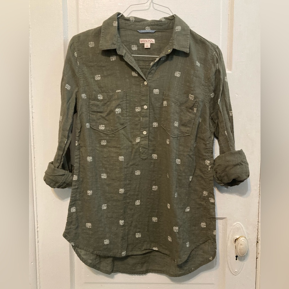 Merona Green Collar Button Down Cotton Shirt with Elephants - Picture 7 of 11
